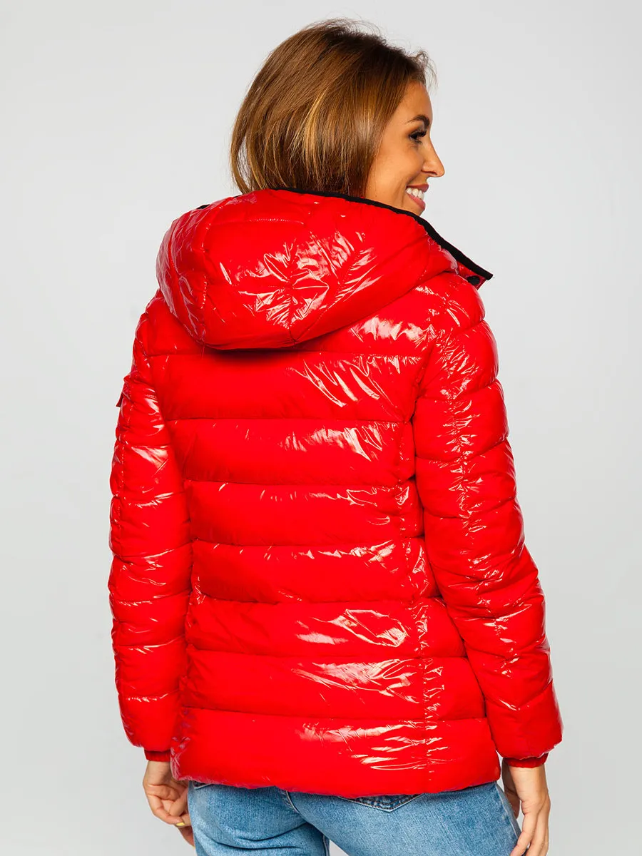 women's red quilted winter jacket with hood