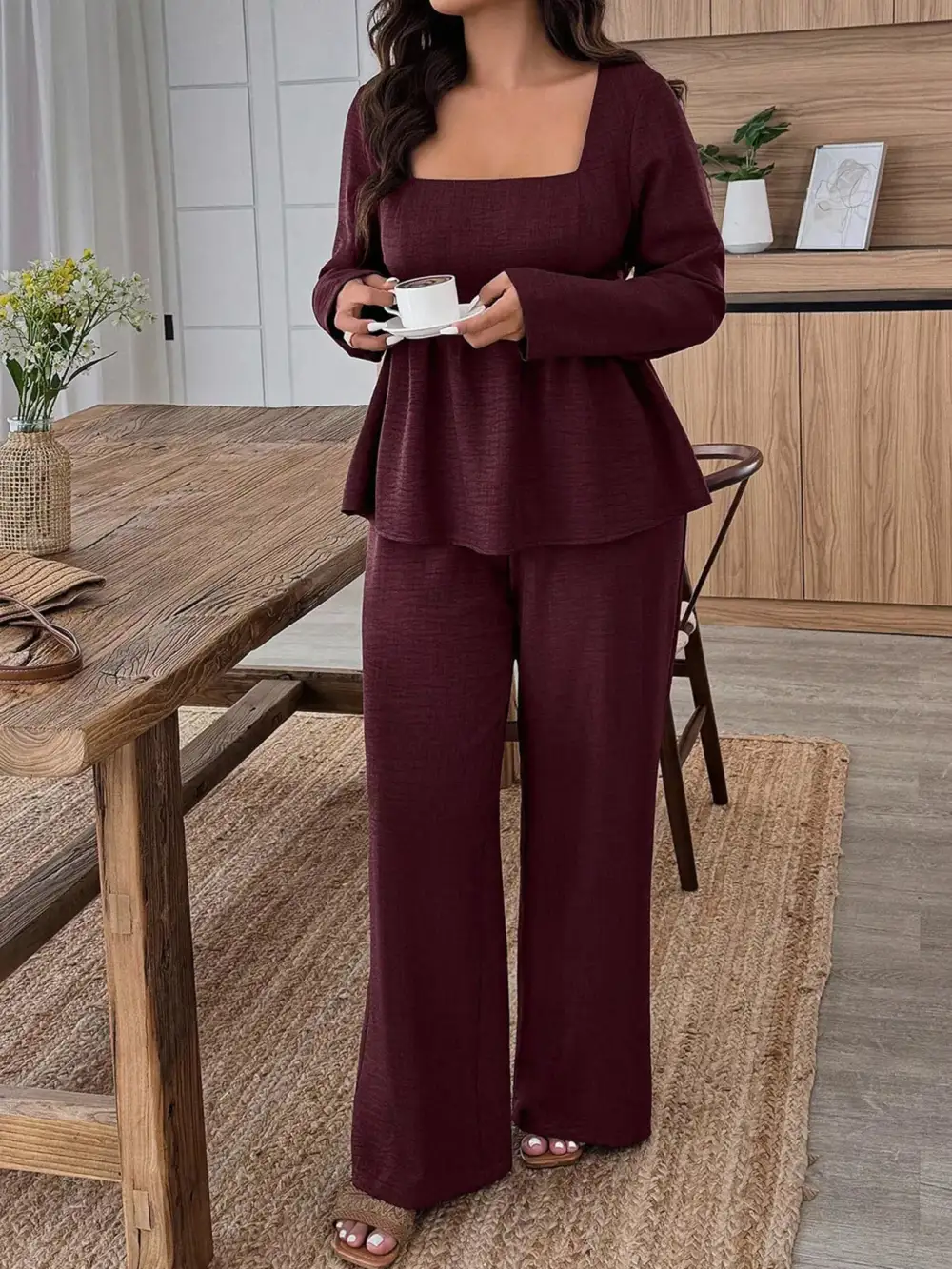 Plus Size Square Neck Long Sleeve Top and Pants Two Piece Set