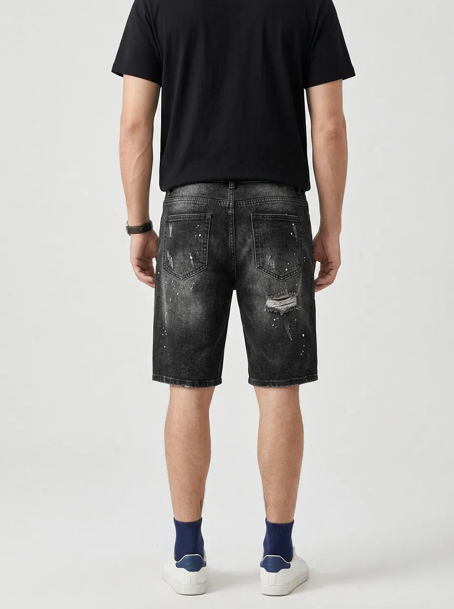 Men's Paint Splatter Distressed Drawstring Street Inspired Distressed Denim Shorts