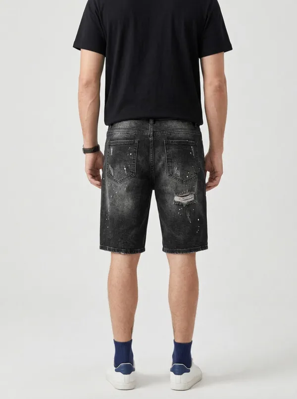 Men's Paint Splatter Distressed Drawstring Street Inspired Distressed Denim Shorts