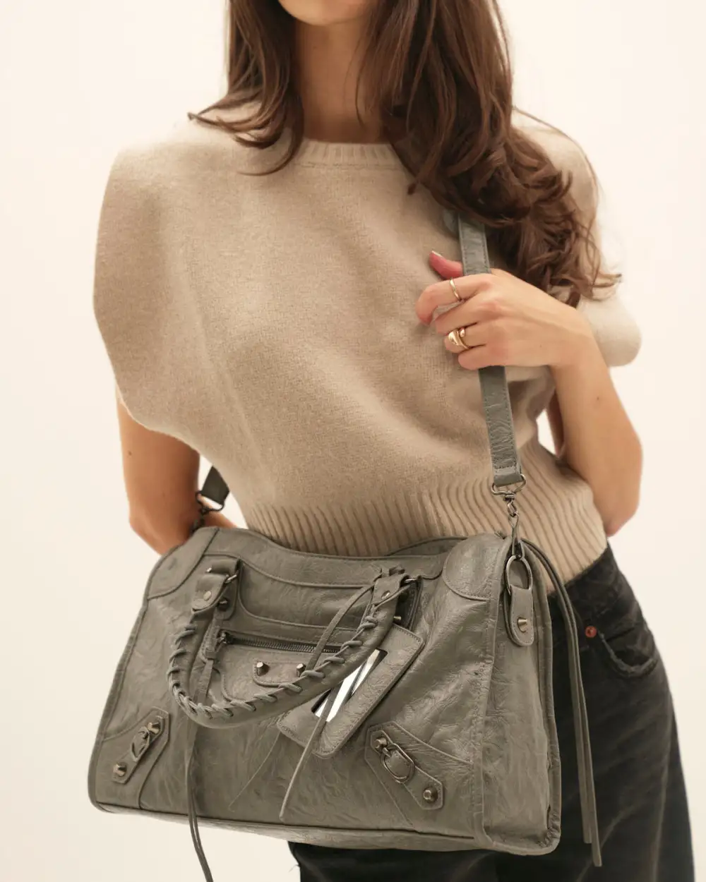 Structured Wide Strap Twill Handbag