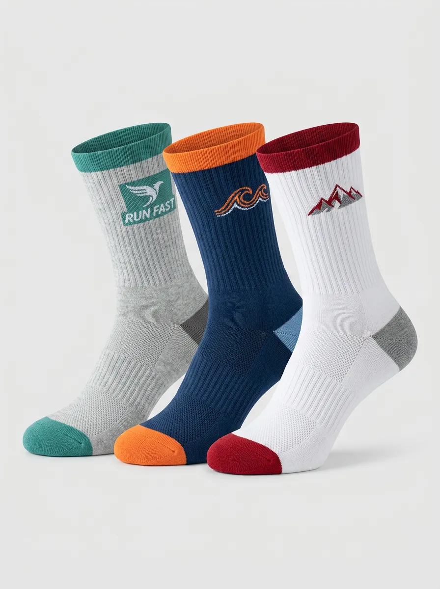 Unisex Mountain Outdoor Running-Inspired Three-Pair Embroidered Crew Socks