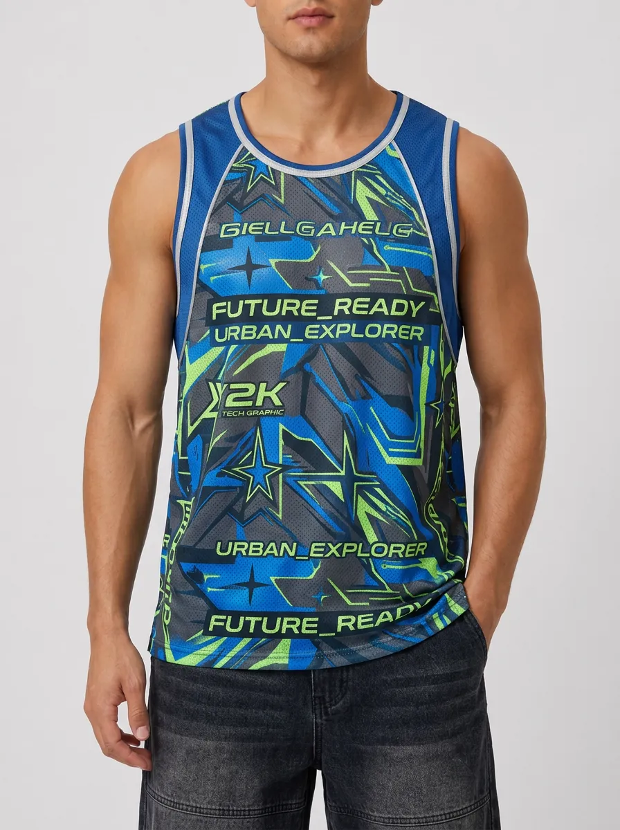 Men's Y2K Tech Graphic Urban Explorer Printed Mesh Tank Top