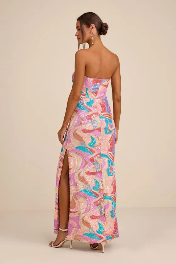 Kera Pink Multi Sequin Strapless Maxi Dress