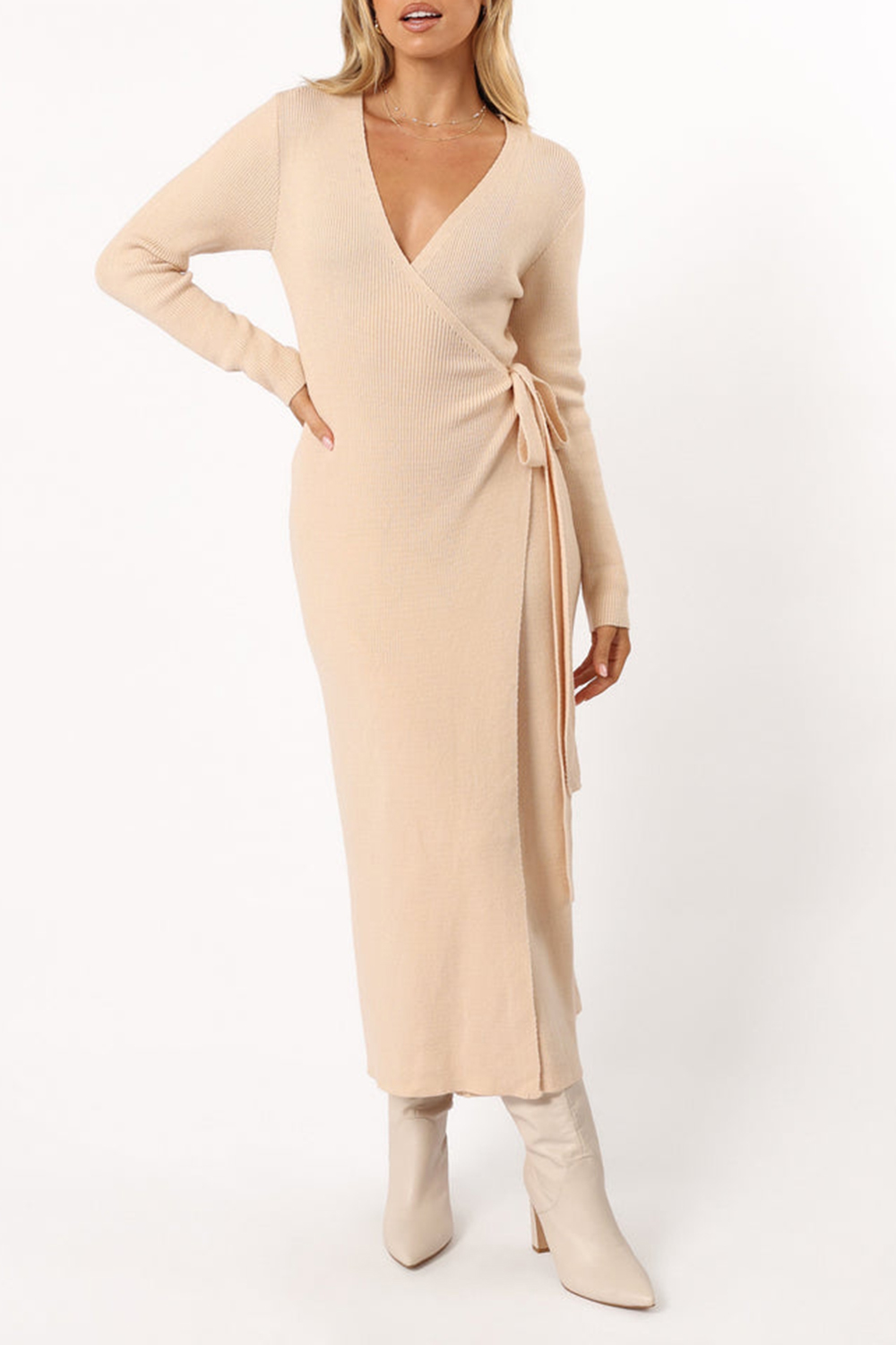 V-NECK BOW WRAP DRESS