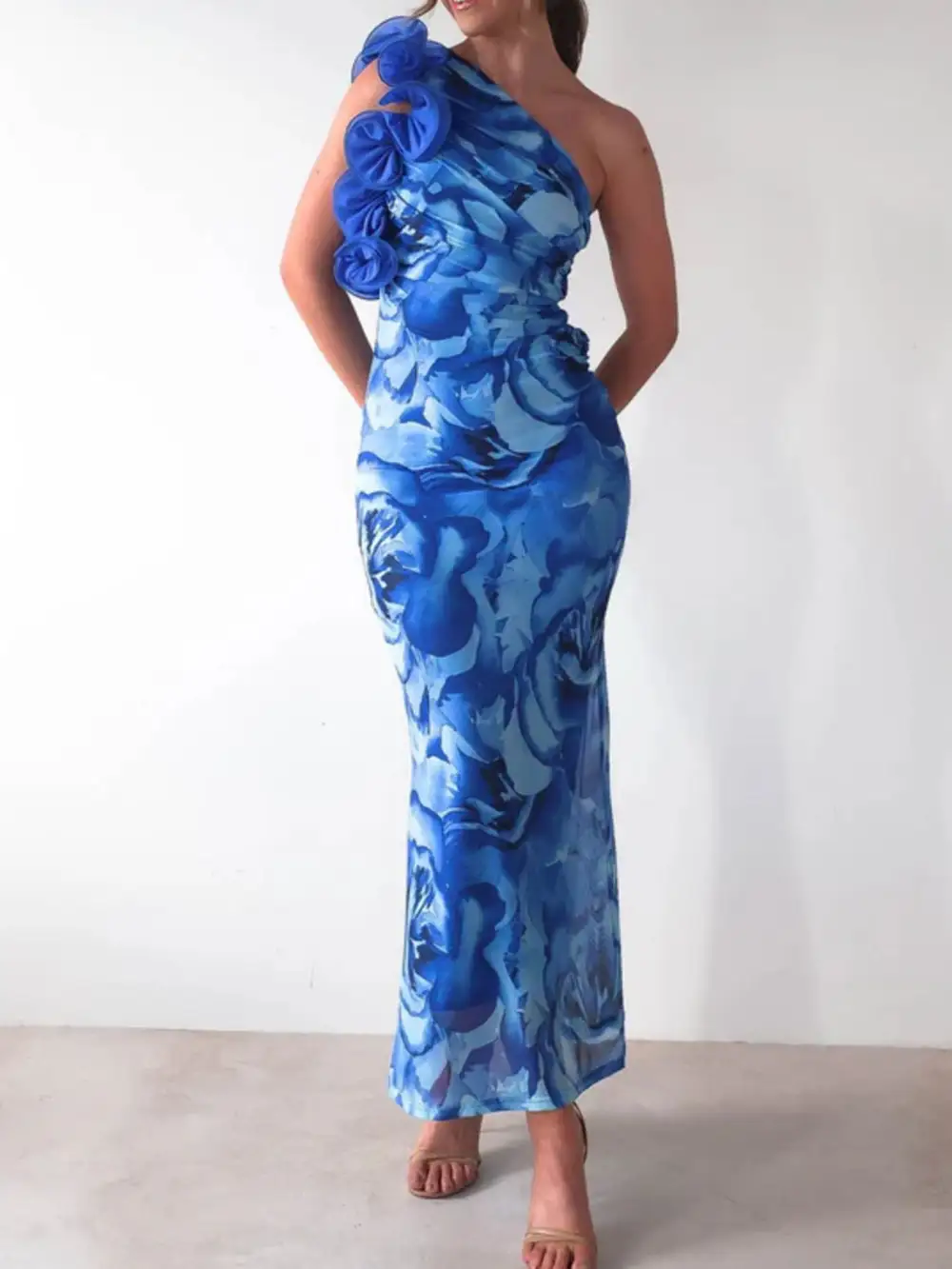 Floral Print One Shoulder Maxi Dress