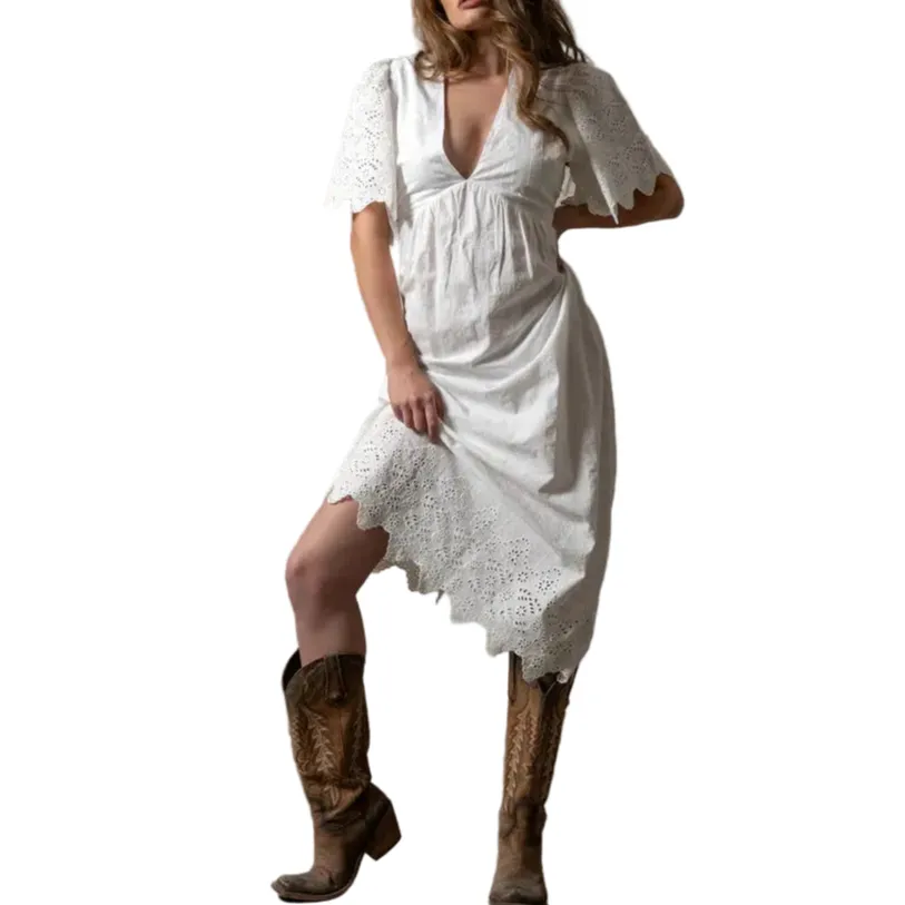 Floral Print Eyelet Embroidered Casual Dress