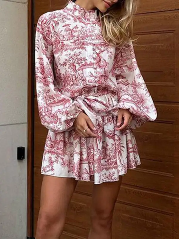 Relaxed Puff Sleeve Pleated Printed Split Joint Tied Waist Stand Collar
