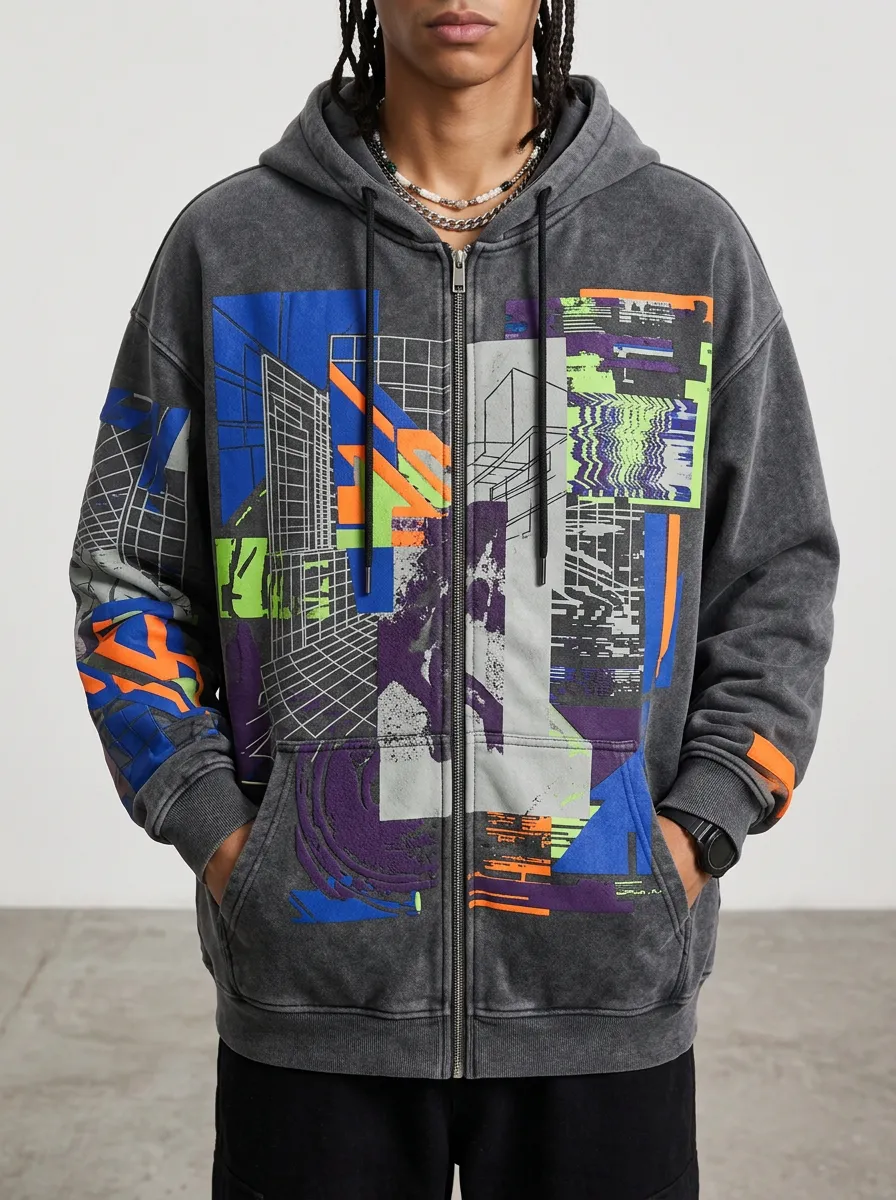 Men's Cyberpunk Abstract Graphic Printed Zip-up Hoodie