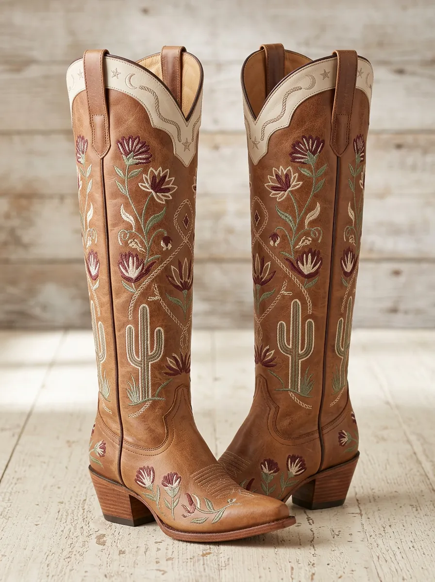 Women's Western Cactus Floral Moon Star Embroidered Pointed-Toe Denim Over-the-Knee Boots