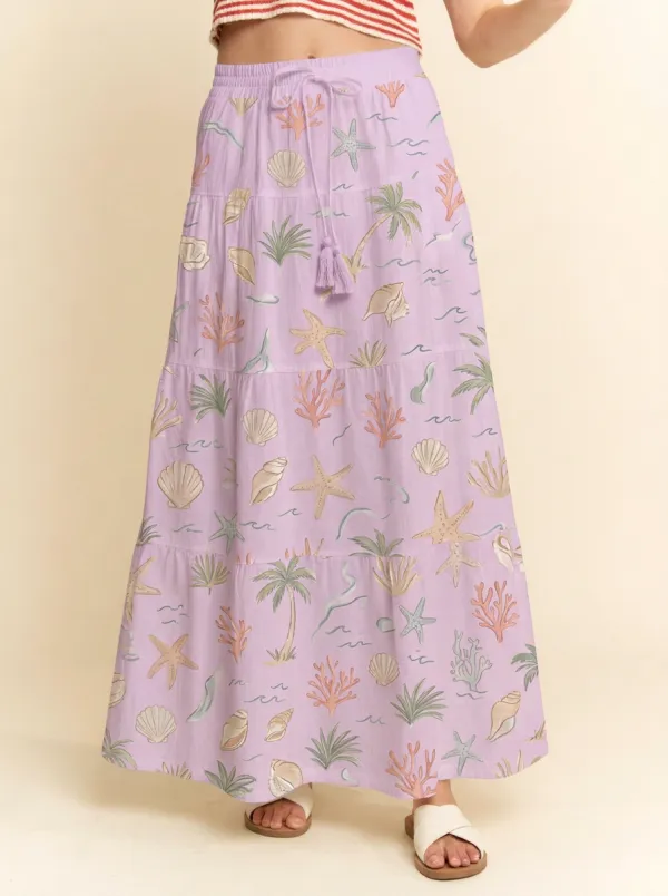 Women's Coastal Seashell Starfish Palm Tree Printed Skirt