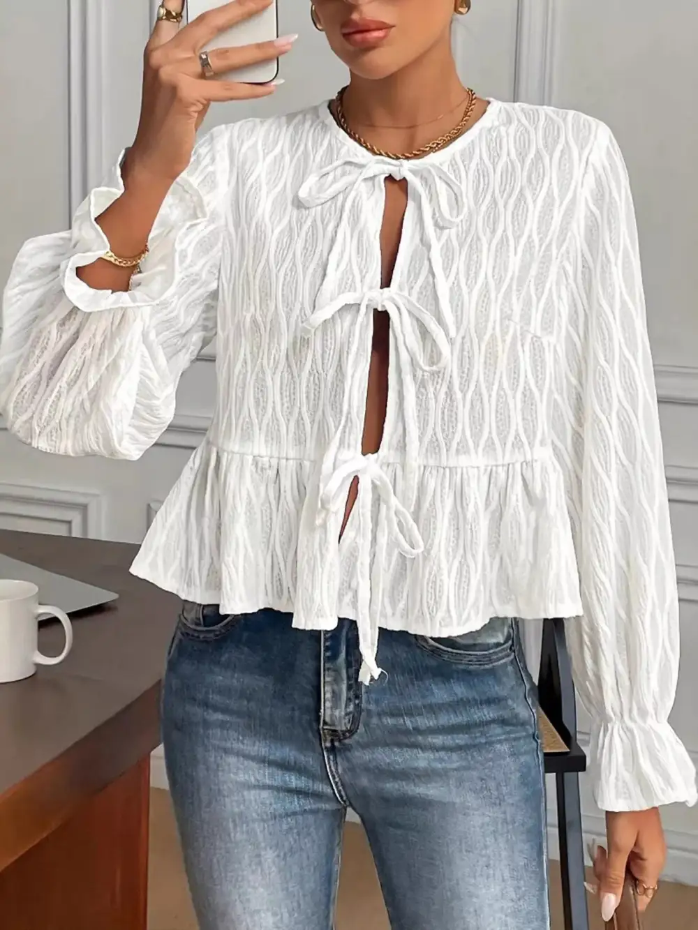 Refined Tie Front Flounce Sleeve Blouse