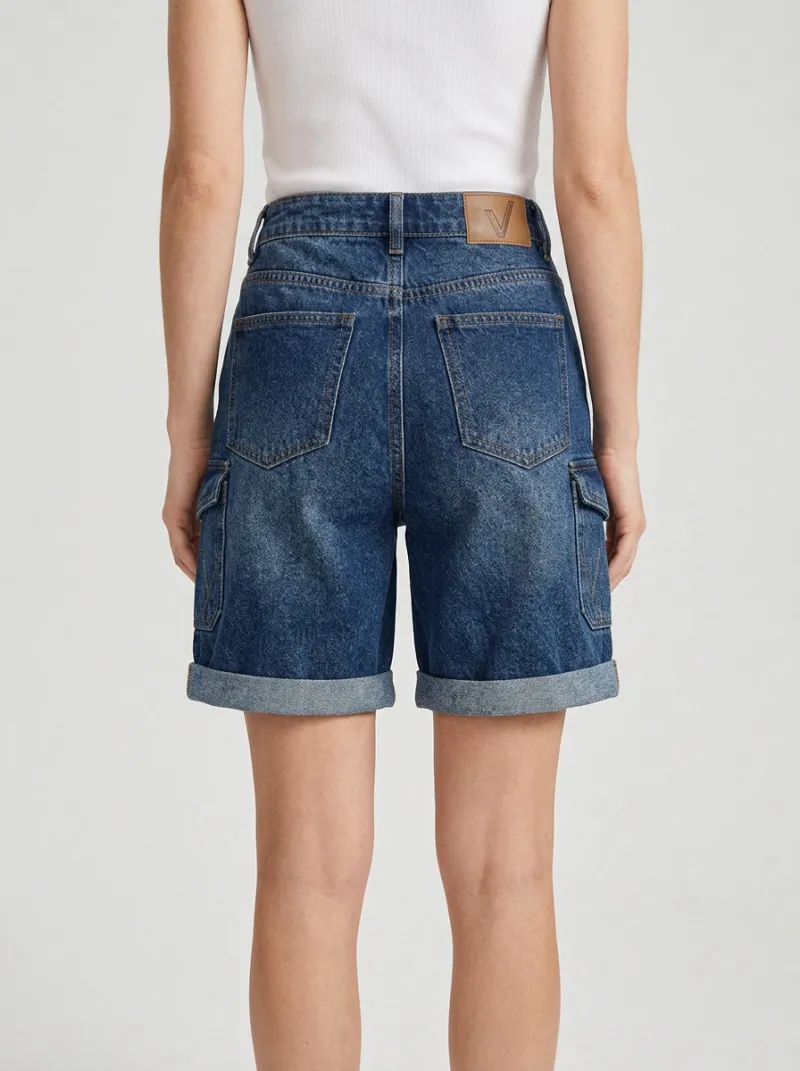 Women's Casual Style High-Waisted Cargo Pocket Rolled Hem Denim Shorts