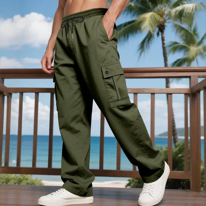 Men's Wide Cargo Pants Waistband Pockets Relaxed Fit