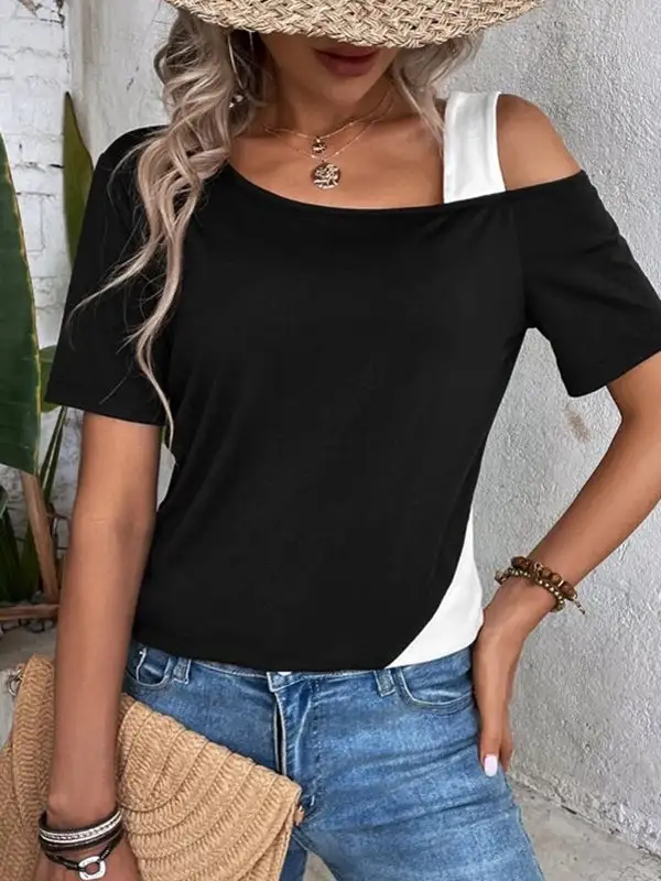 Relaxed Short Sleeve Asymmetric Contrast Panel Detail Cold Shoulder T-Shirt