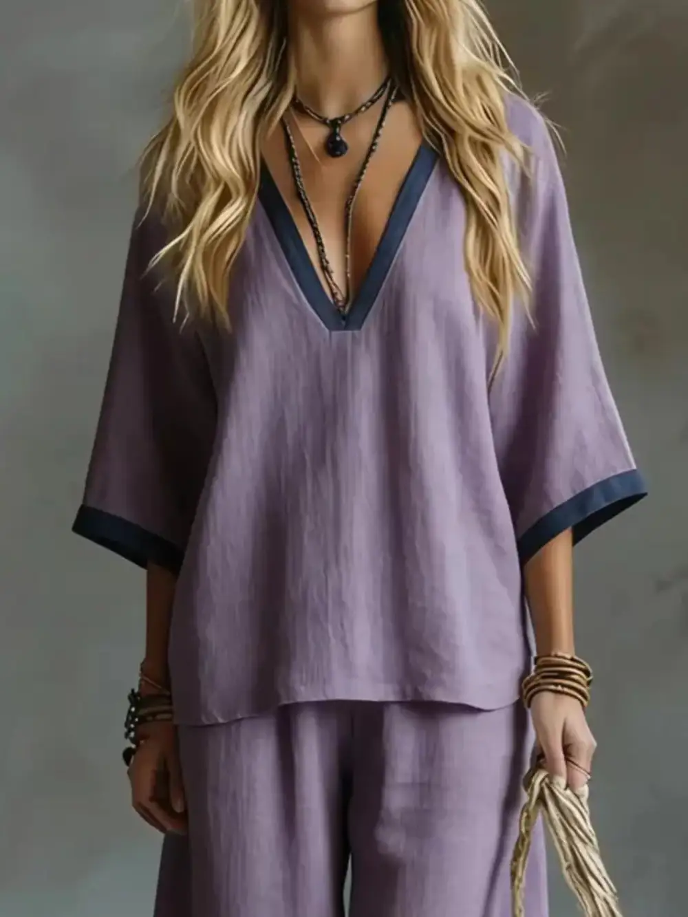 Contrast Trim V Neck Top and Pants Set