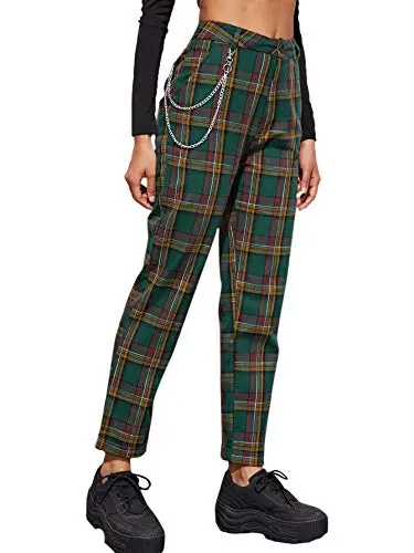 Women's Tartan Plaid Mid Waist Straight Pants