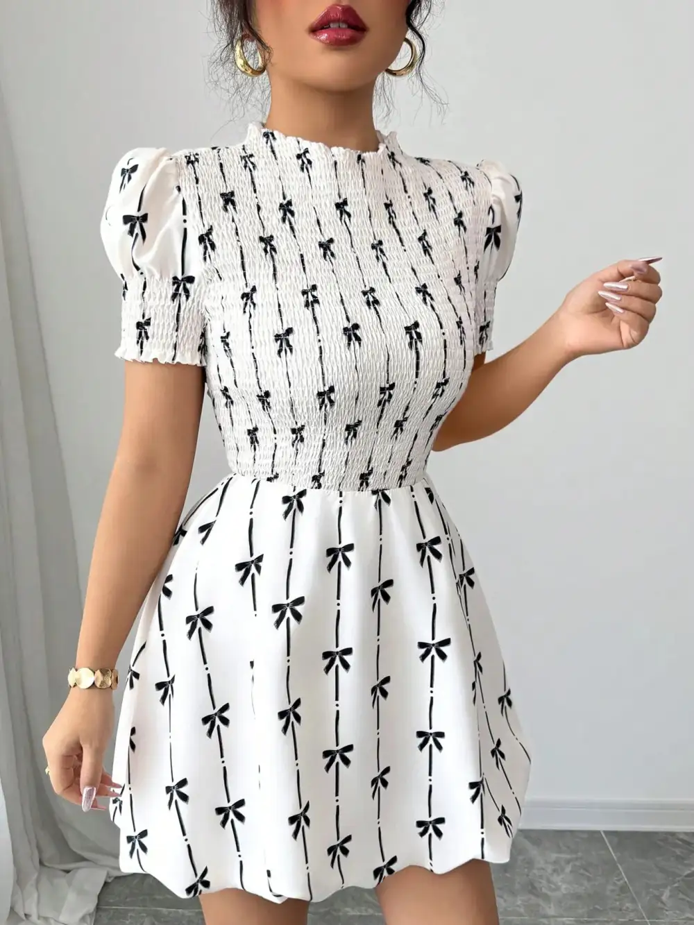 Wearable Cut Printed Smocked Short Sleeve Dress