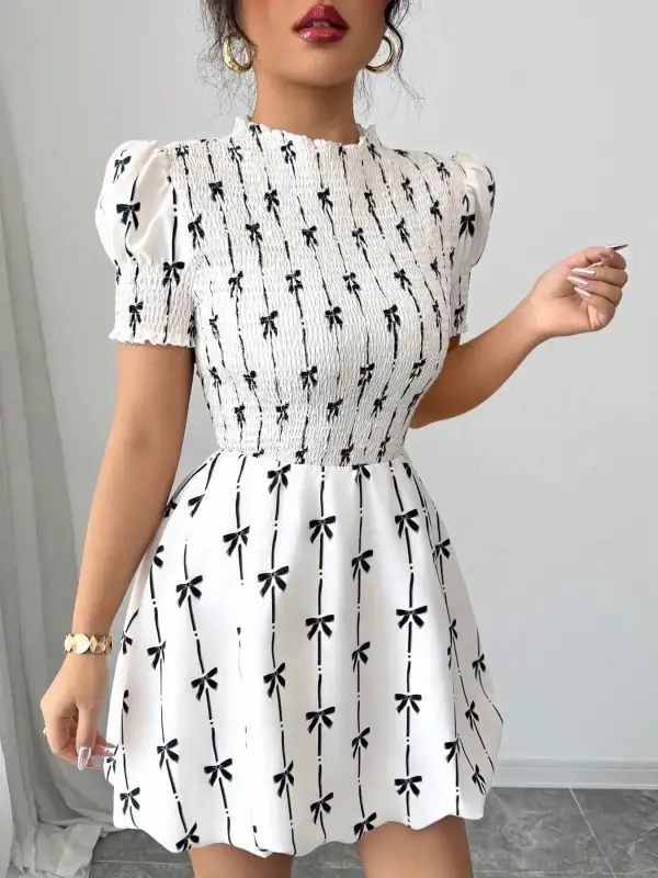 Wearable Cut Printed Smocked Short Sleeve Dress