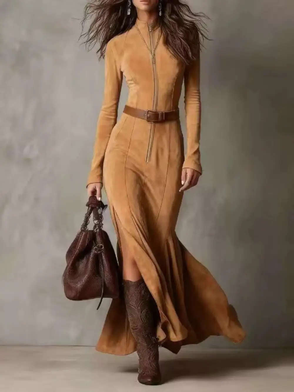 Zip Front Slit Long Sleeve Dress Casual