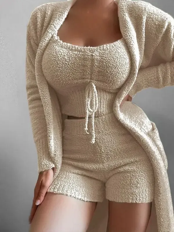 Plush Three Piece Lace Up Pajama Set Casual Suit Home Wear