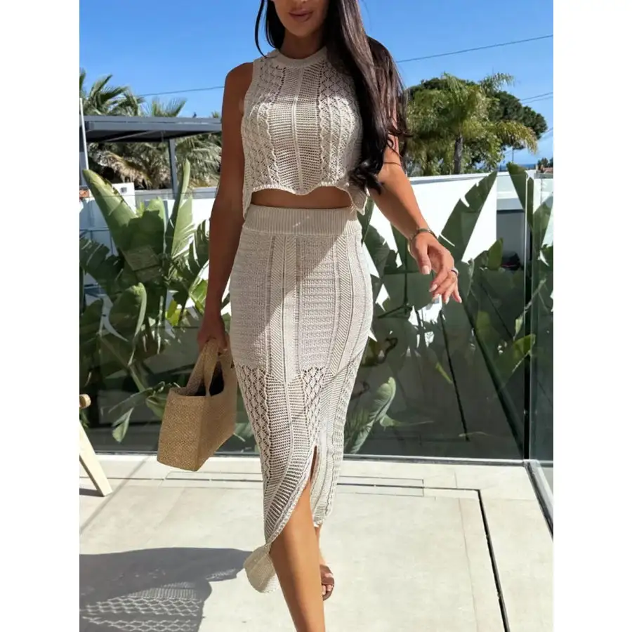 Openwork Round Neck Top and Slit Skirt Sweater Set