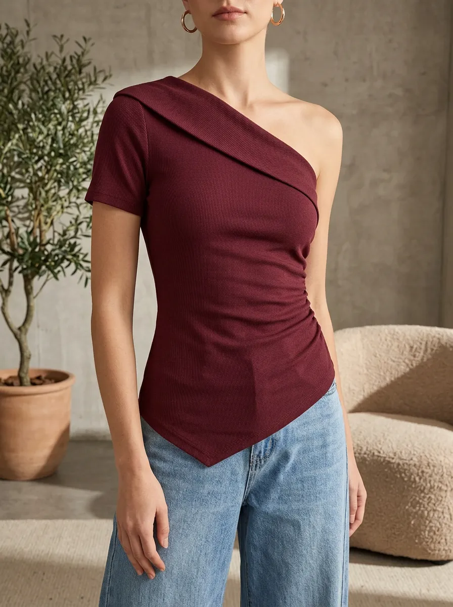 Women's Burgundy Ribbed One-Shoulder Asymmetric Top