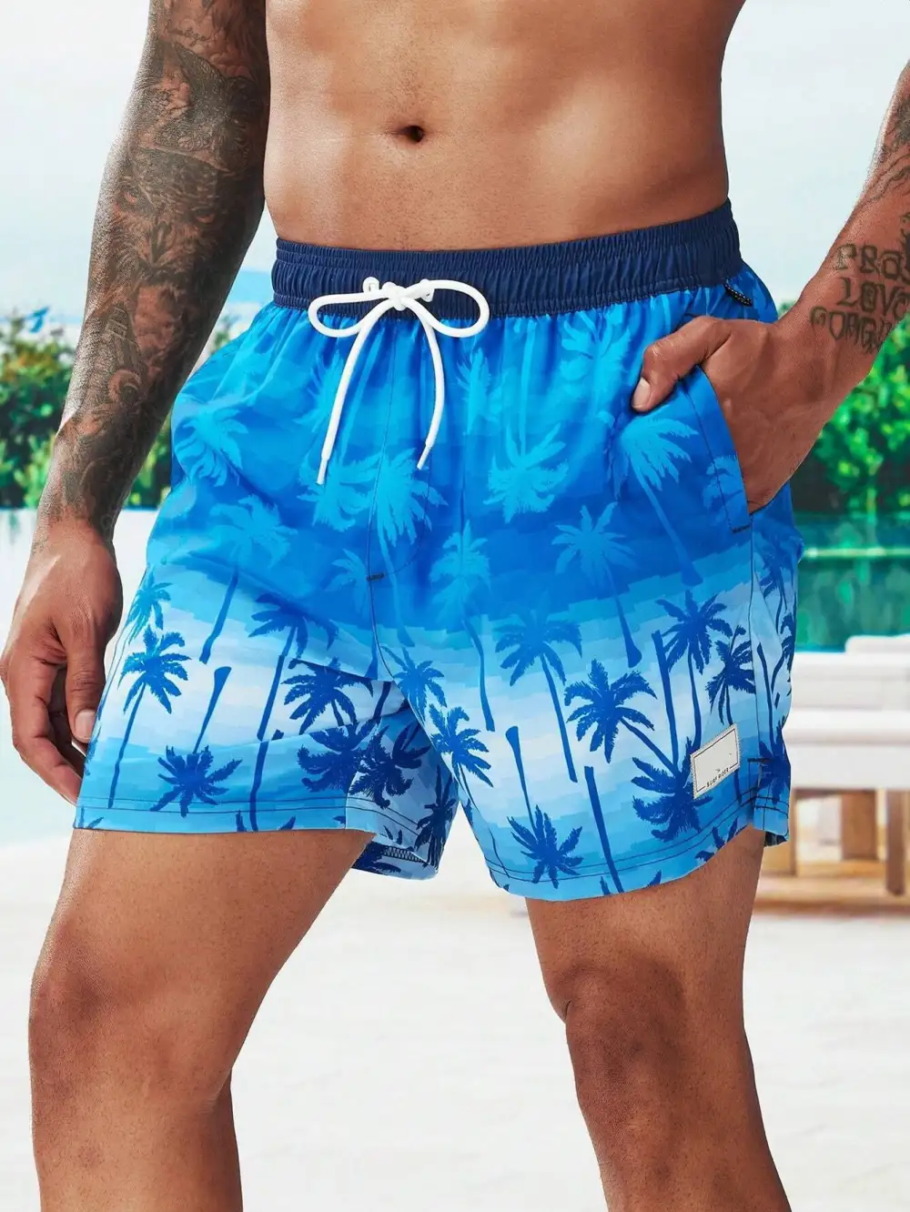 Men's Drawstring Coconut Tree Print Pocket Swim Trunks