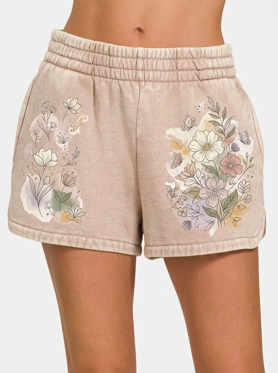 Women's Botanical Floral Butterfly Watercolor Printed Shorts
