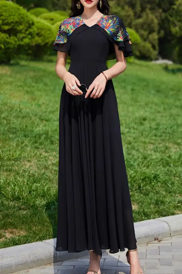 Printed Chiffon Swing V Neck Maxi Dress