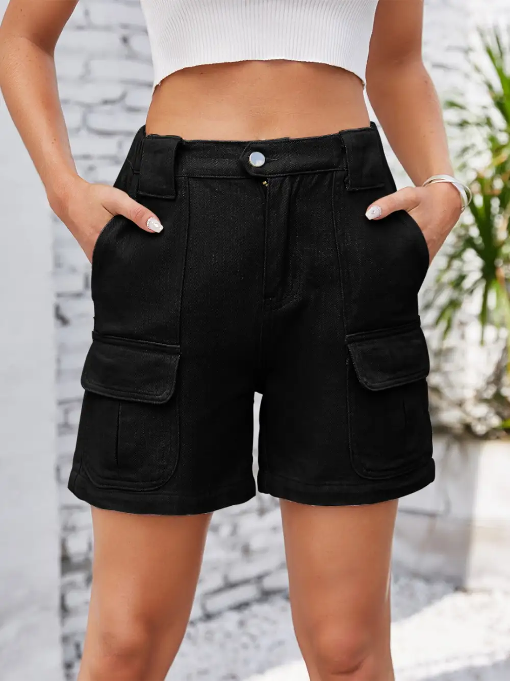 Khaki Waist Washed Denim Shorts