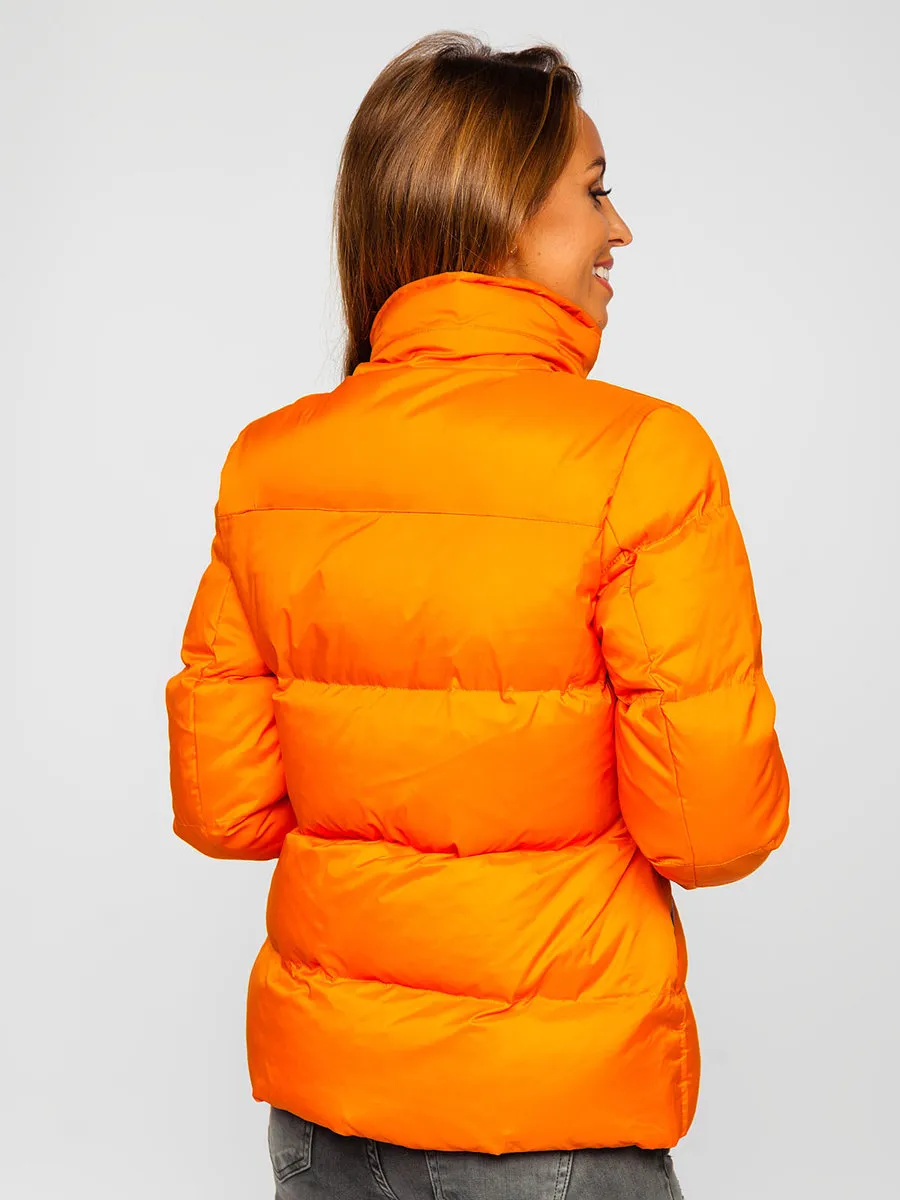 women's orange quilted winter jacket without hood