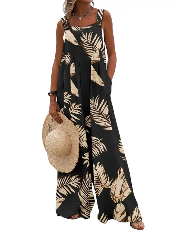 Printed Sleeveless Spaghetti Strap Jumpsuit Wide Accessory