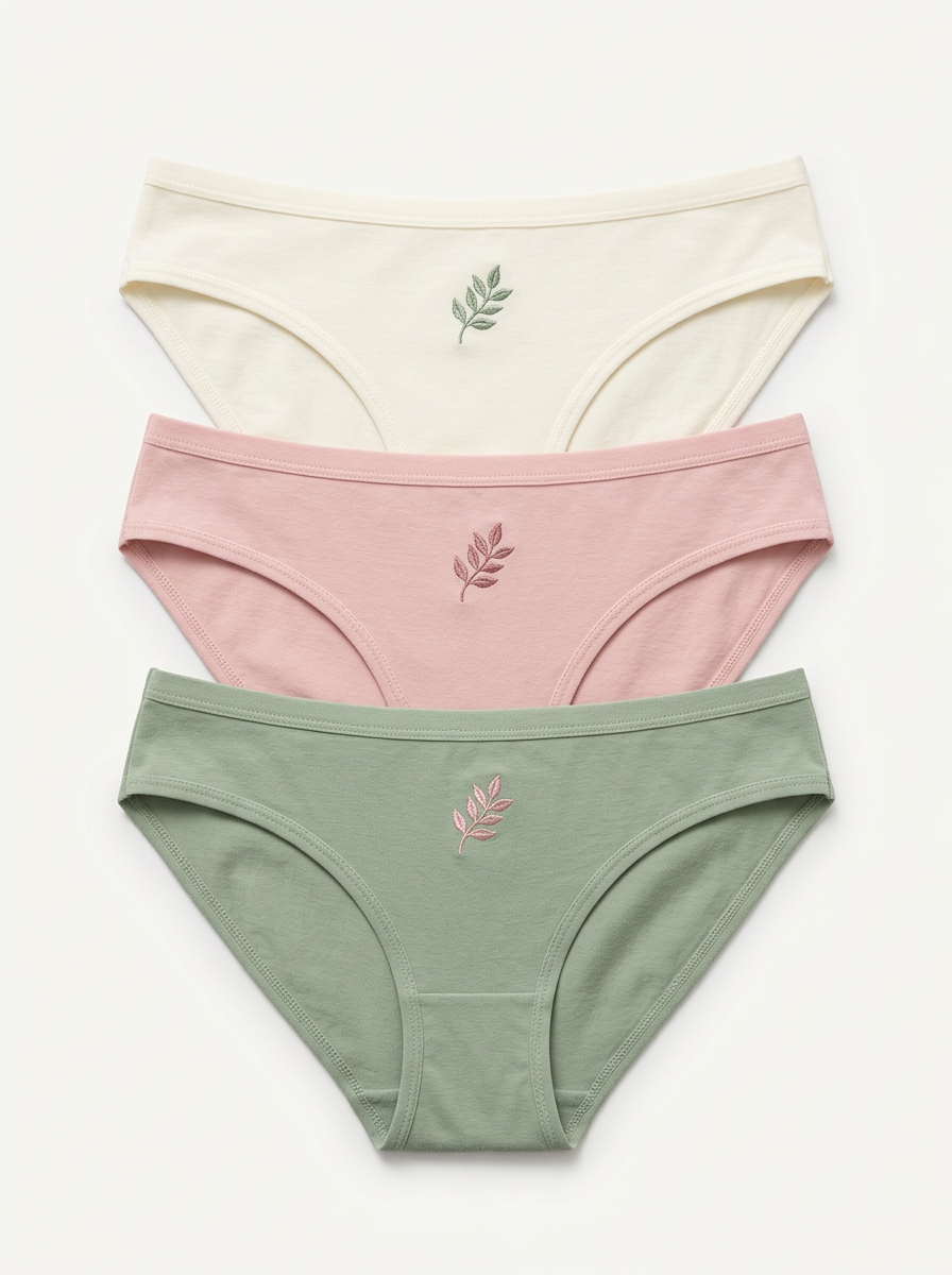 Women's Three-Pair Leaf Embroidered Seamless-Look Bikini Brief Set