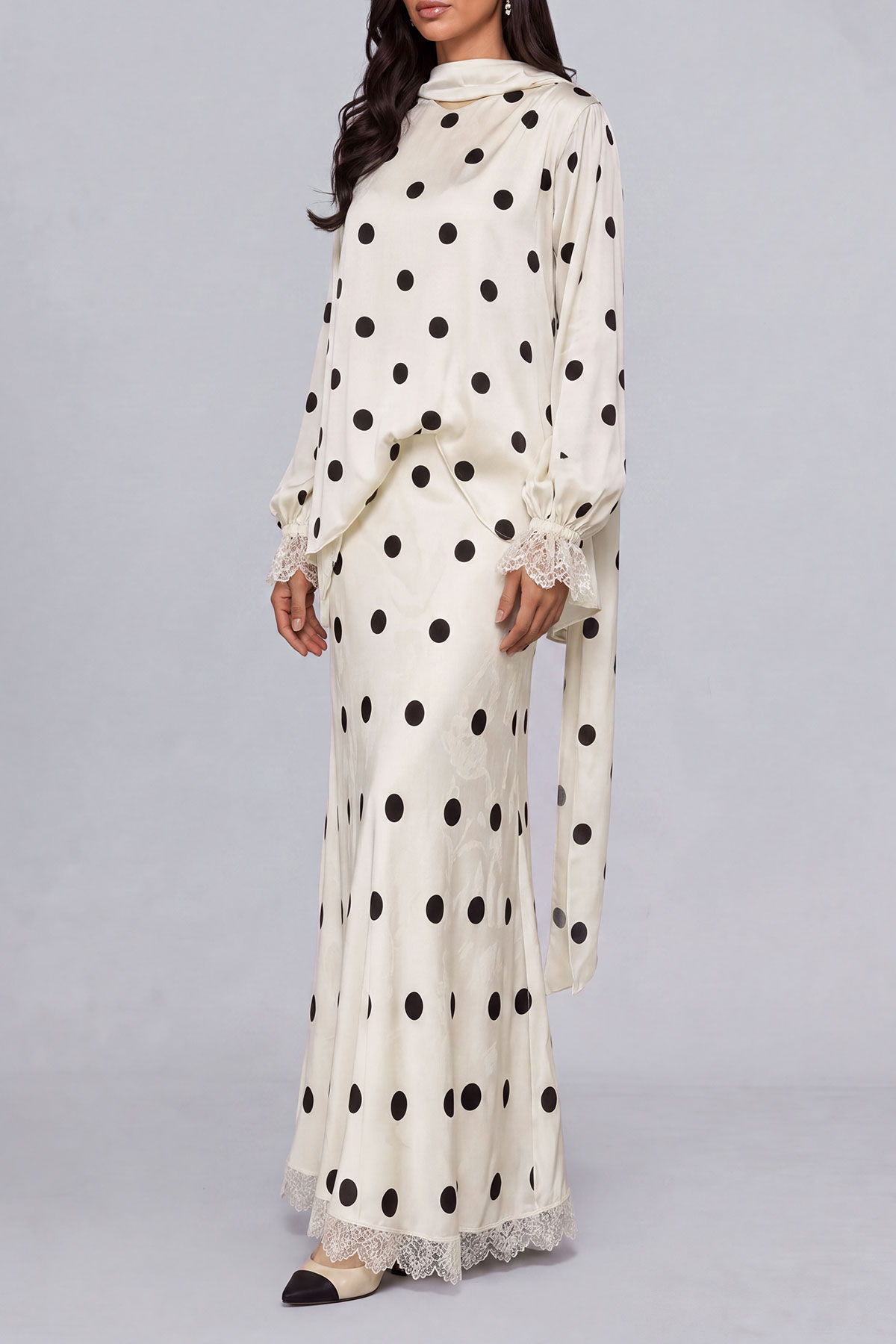 Lace Polka Dot Printed Matching Skirt Set