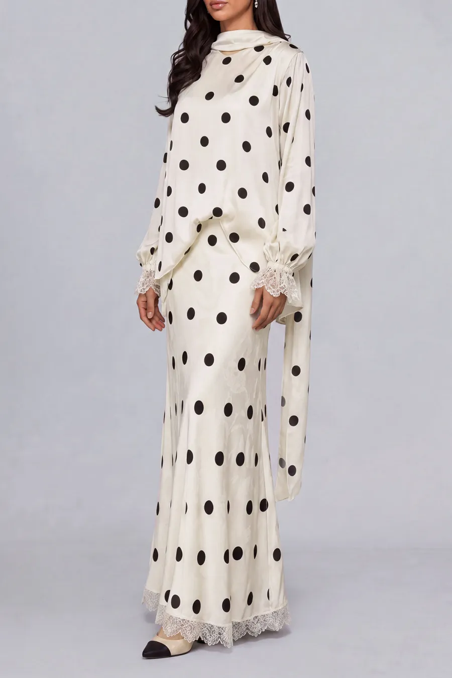 Lace Polka Dot Printed Matching Skirt Set