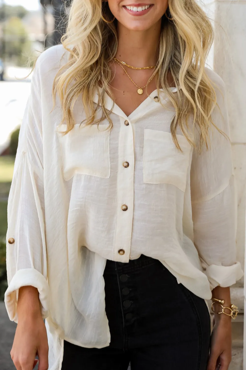 White Compelling Composure Oversized Button-Up Blouse