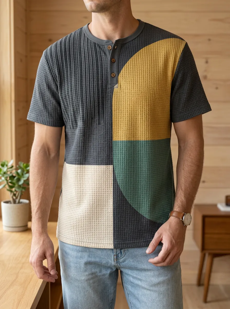 Men's Casual Geometric Colorblock Waffle Knit Henley T-Shirt
