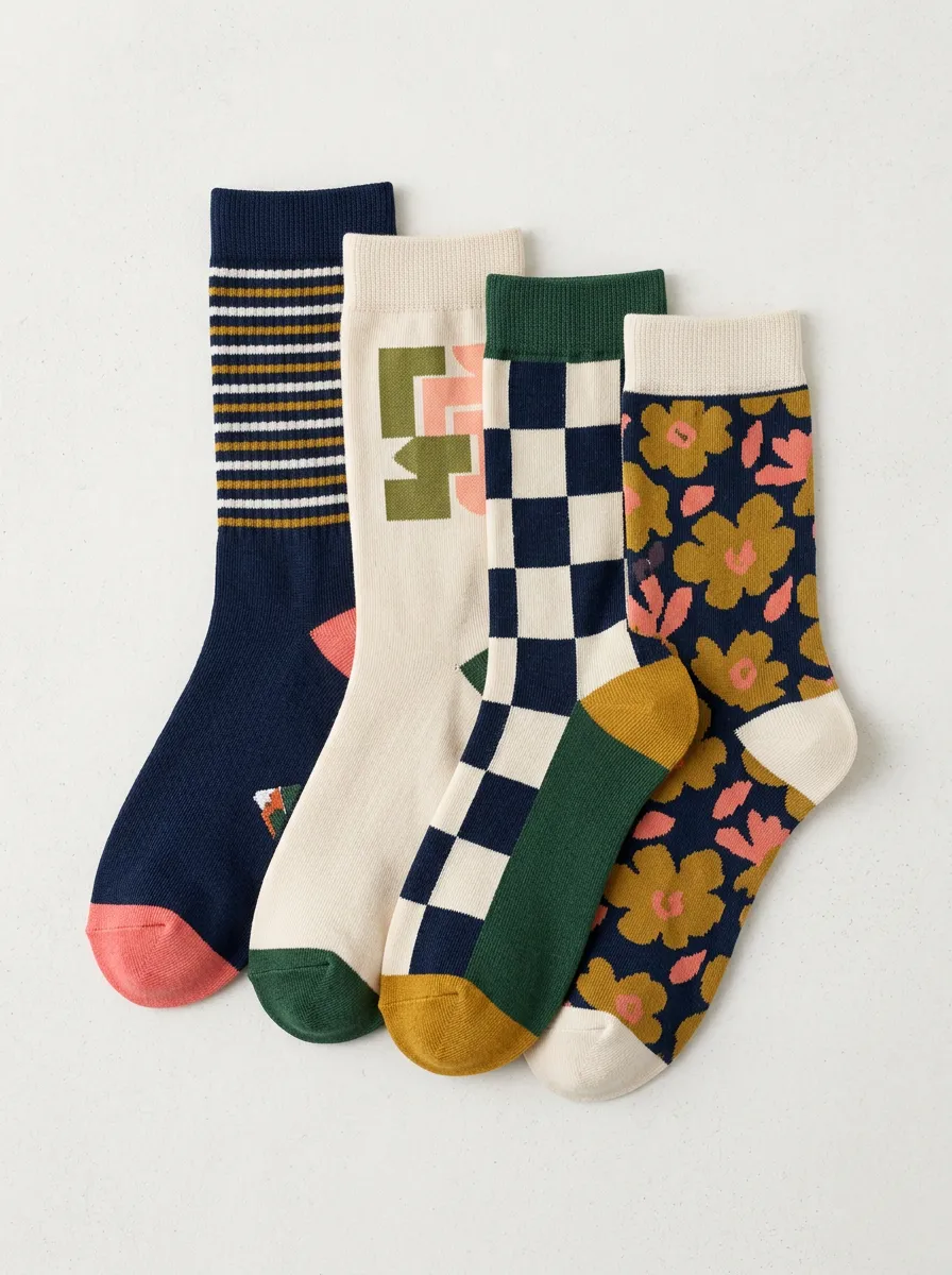 Geometric Floral Striped Retro Four-Pair Casual Socks