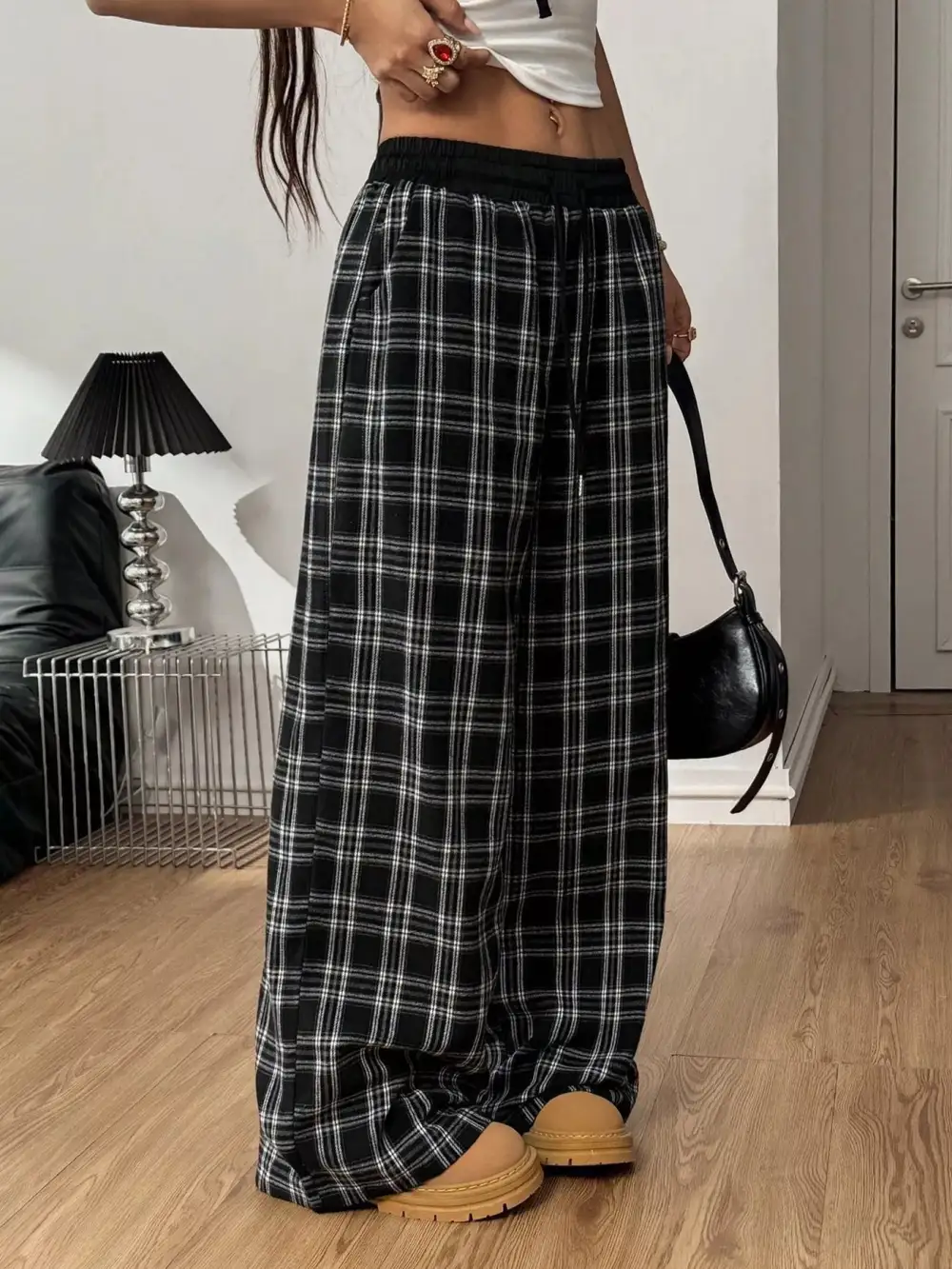 Wide Leg Elastic Waist Plaid Drawstring Pants
