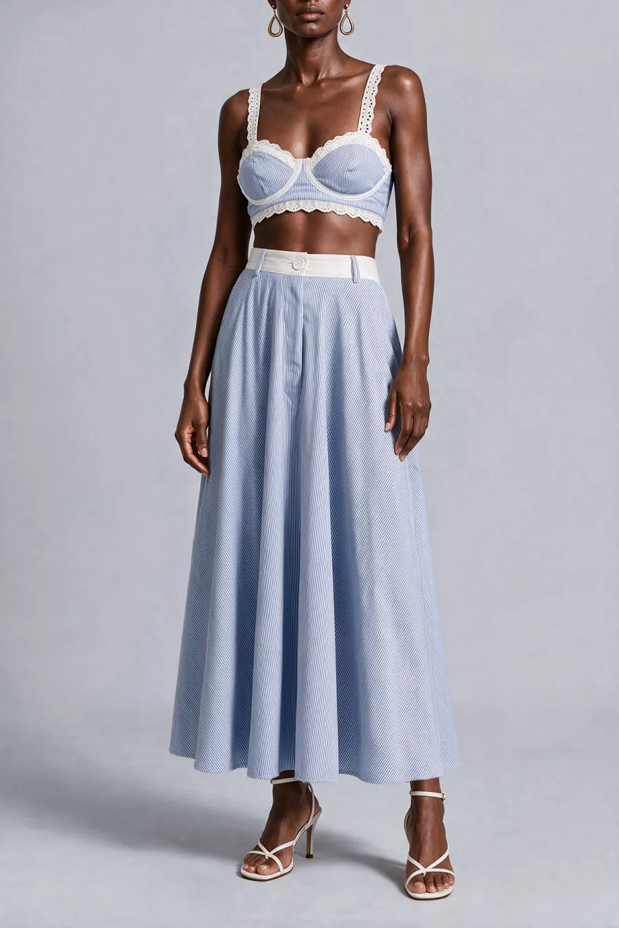 Spaghetti Strap Lace Trim Lace Striped Matching Skirt Set