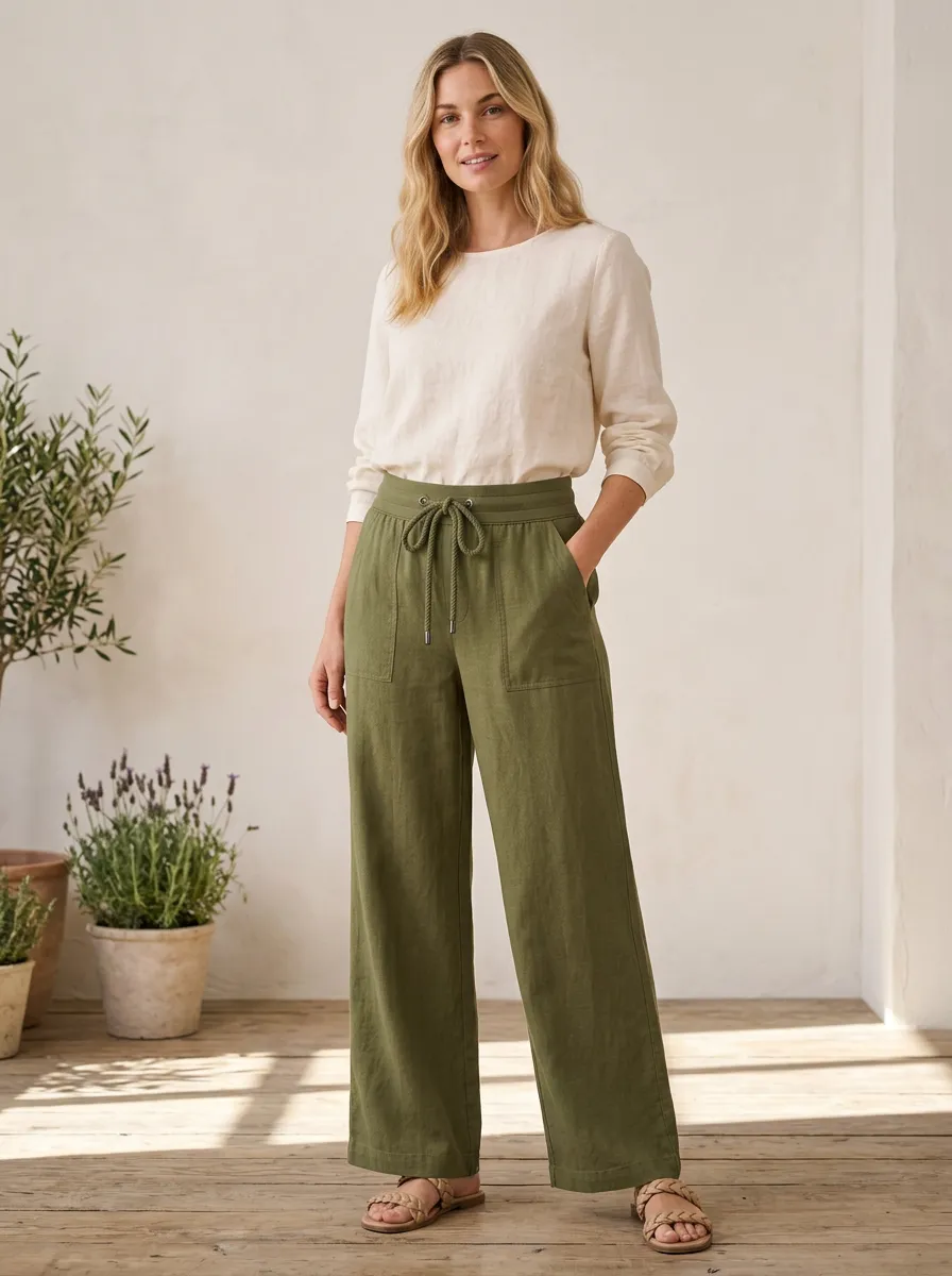 Women's Minimal Wide Leg Adjustable Drawstring Waist Pants