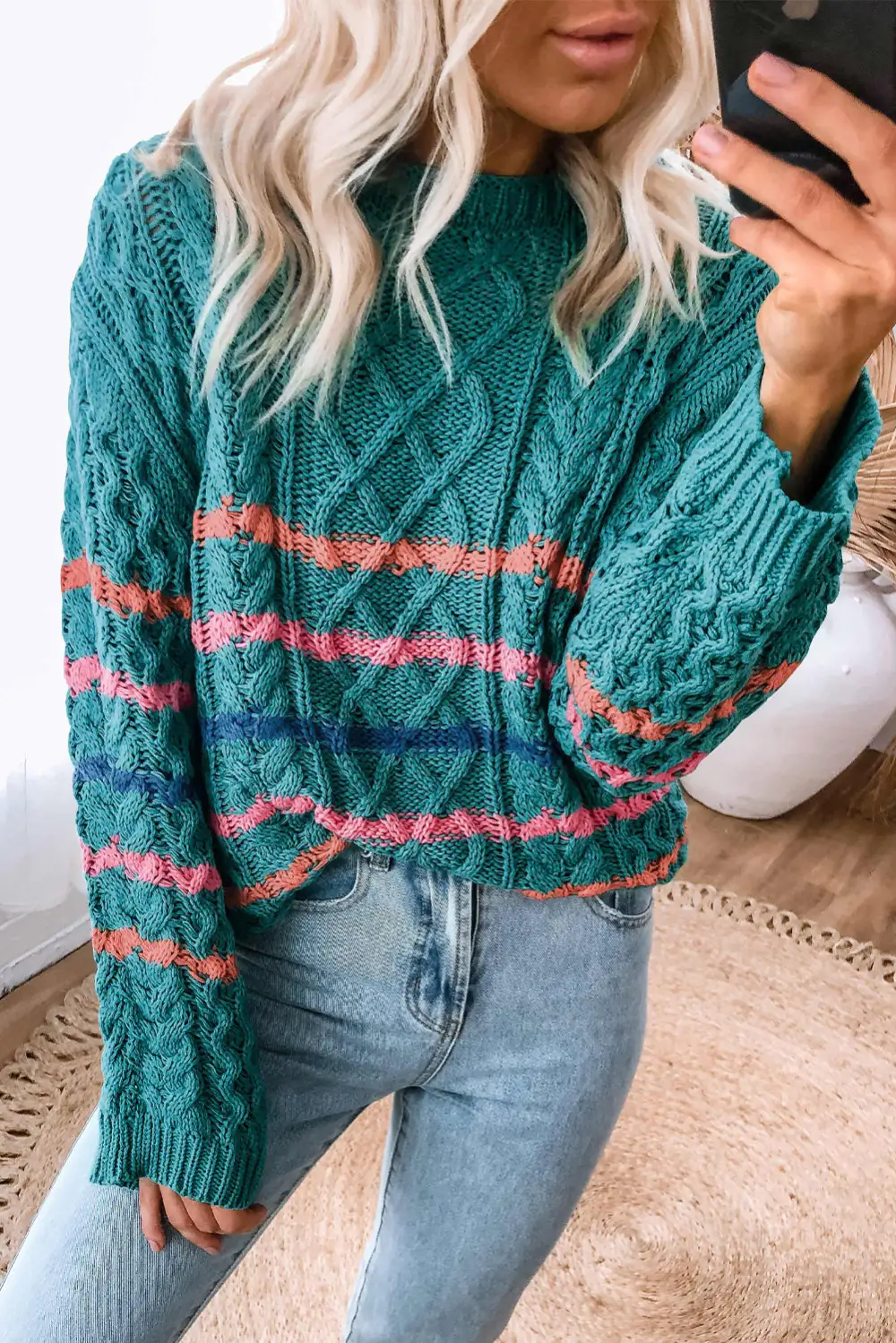 Striped Color Block Textured Knit Sweater