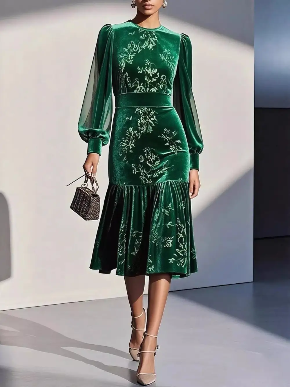Floral Velvet Lantern Sleeve Midi Dress