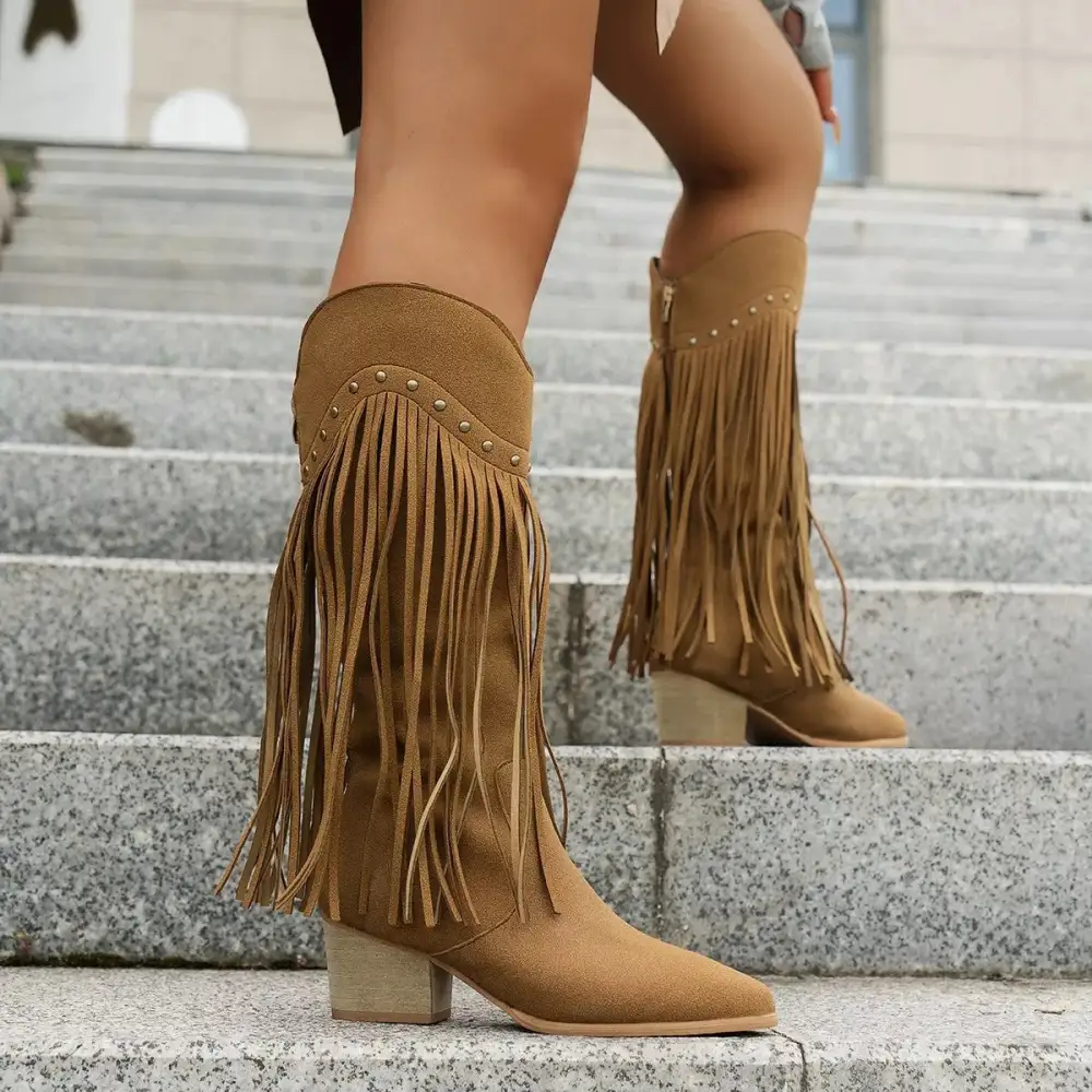 Fringe Point Toe Block Heels Boots