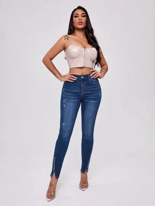 High Waist Slit Stretch Denim Jeans