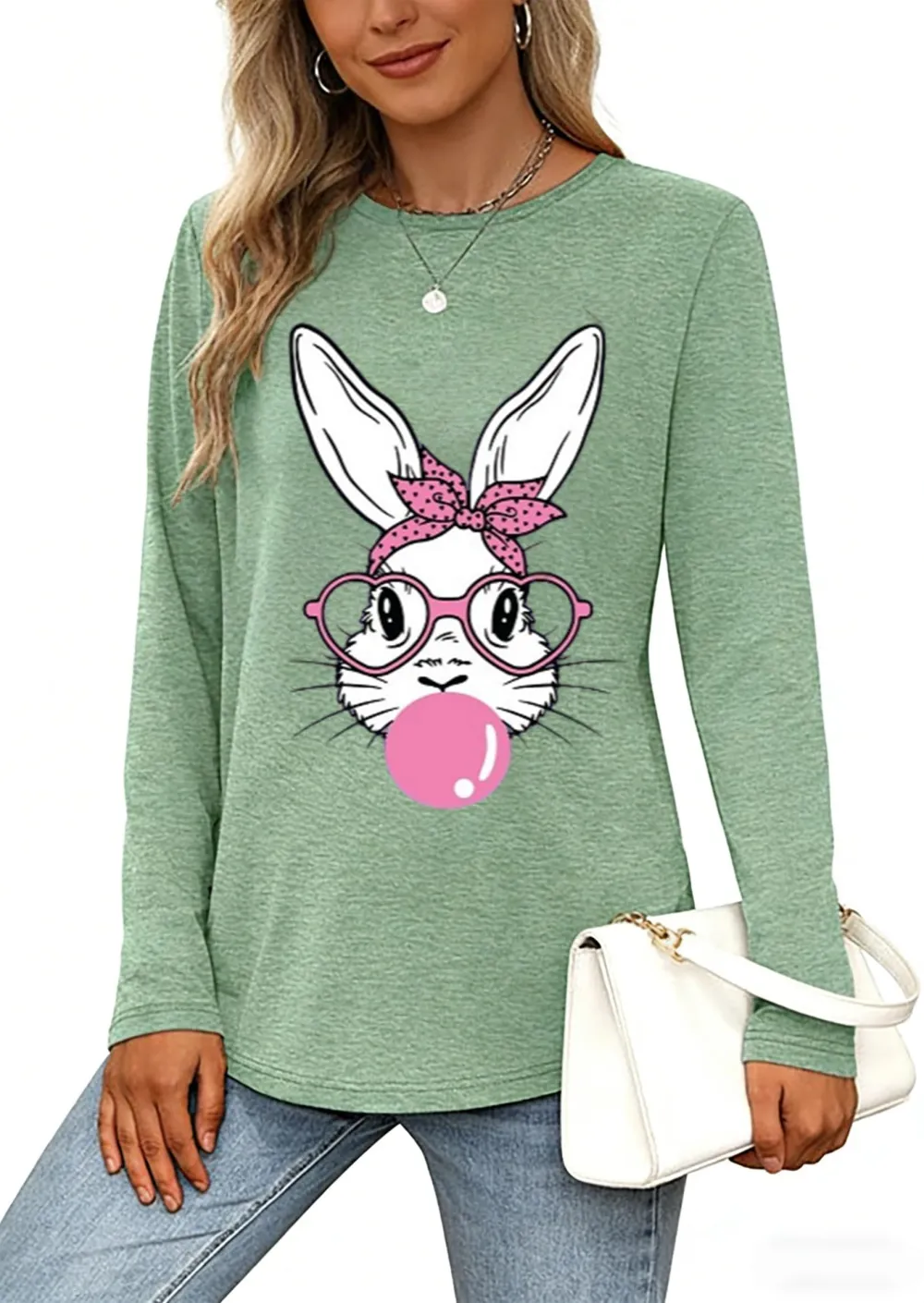 Bubble Rabbit Print Green Long Sleeve T-shirt