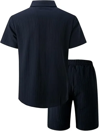Men'S Solid Textured Short Sleeve Button Front Shirt & Pocket Drawstring Waist Shorts Two-Piece Set, Casual Summer Outfits Clothes Set For Men, Sets For Men Clothing, Menswear,  Summer Outfits Set
