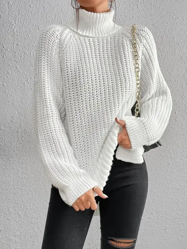 Split Hem High Neck Long Sleeve Relaxed Fit Pullover Sweater