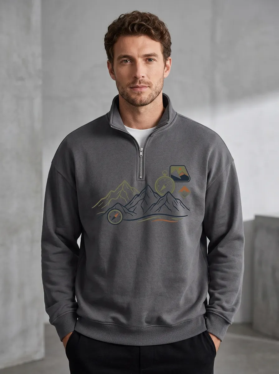 Men's Ridge Outdoor Mountain Compass Graphic Quarter-Zip-Neck Sweatshirt
